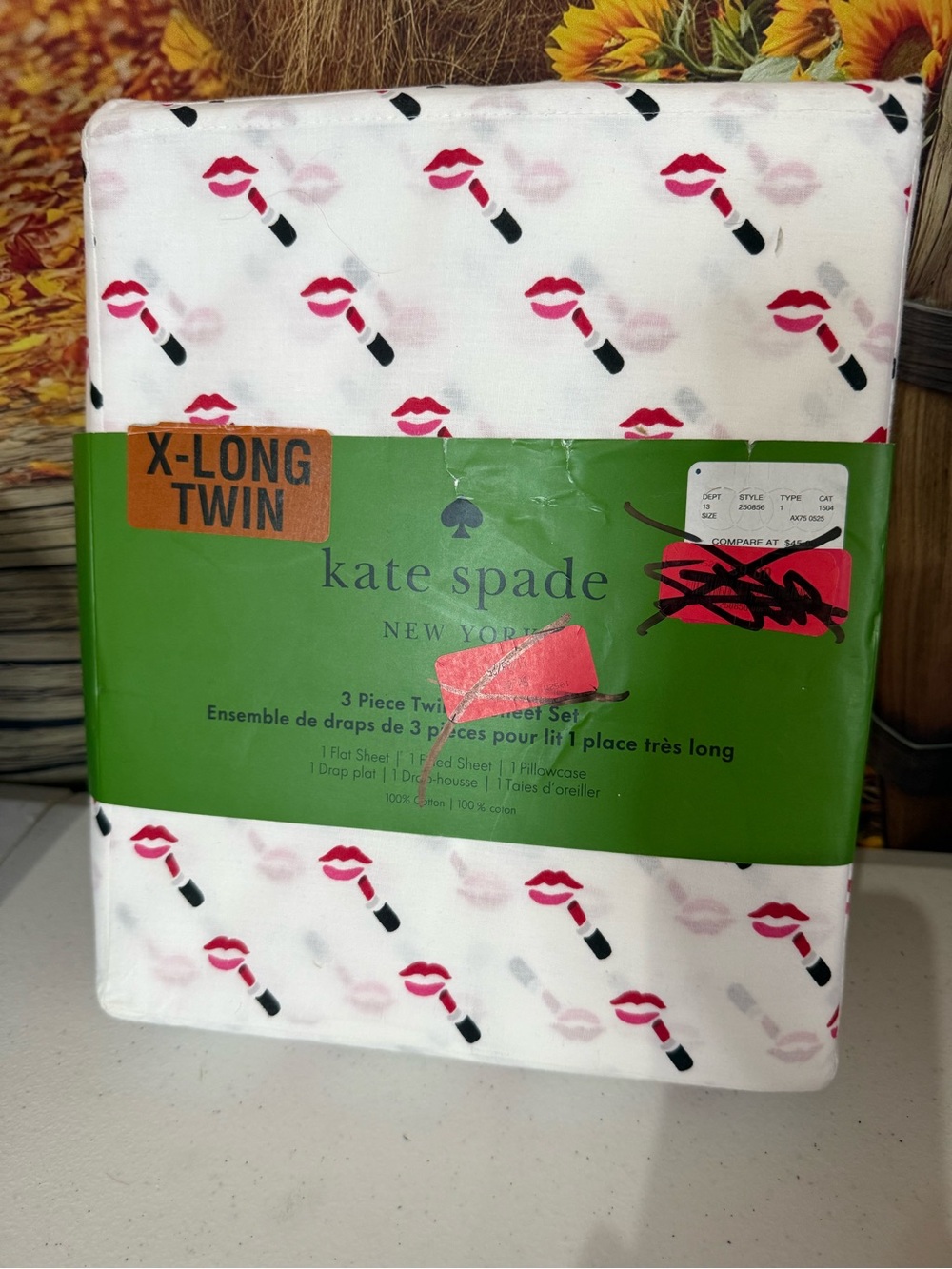 kate spade Lipstick & Lips Print X-Long Twin Sheet Set - Pink, Black & White